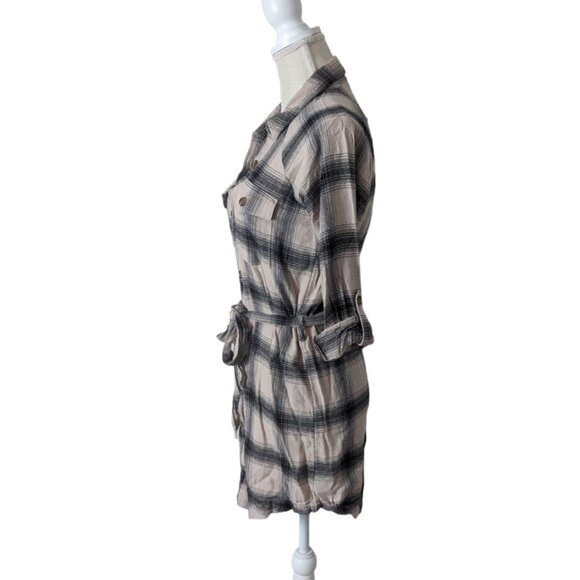 American Eagle AEO Womens Sz XS Beige Plaid Flannel Shirt Dress Roll Tab Sleeves - Picture 4 of 6